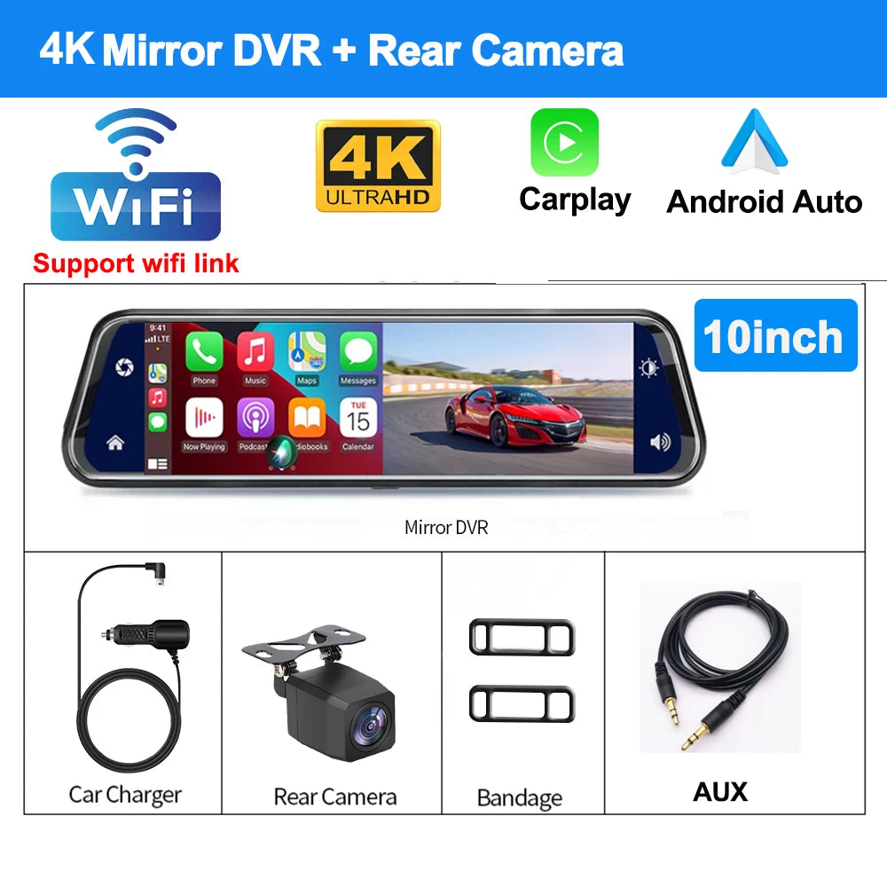 4K Rearview Mirror Carplay & Android AutoWifi Video Recorder 10/12Inch Dash Cam for Car DVR GPS Navigation Reversing Camera
