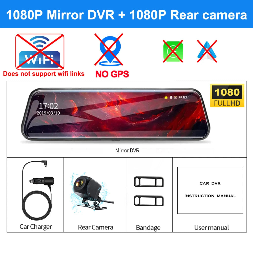 4K Rearview Mirror Carplay & Android AutoWifi Video Recorder 10/12Inch Dash Cam for Car DVR GPS Navigation Reversing Camera