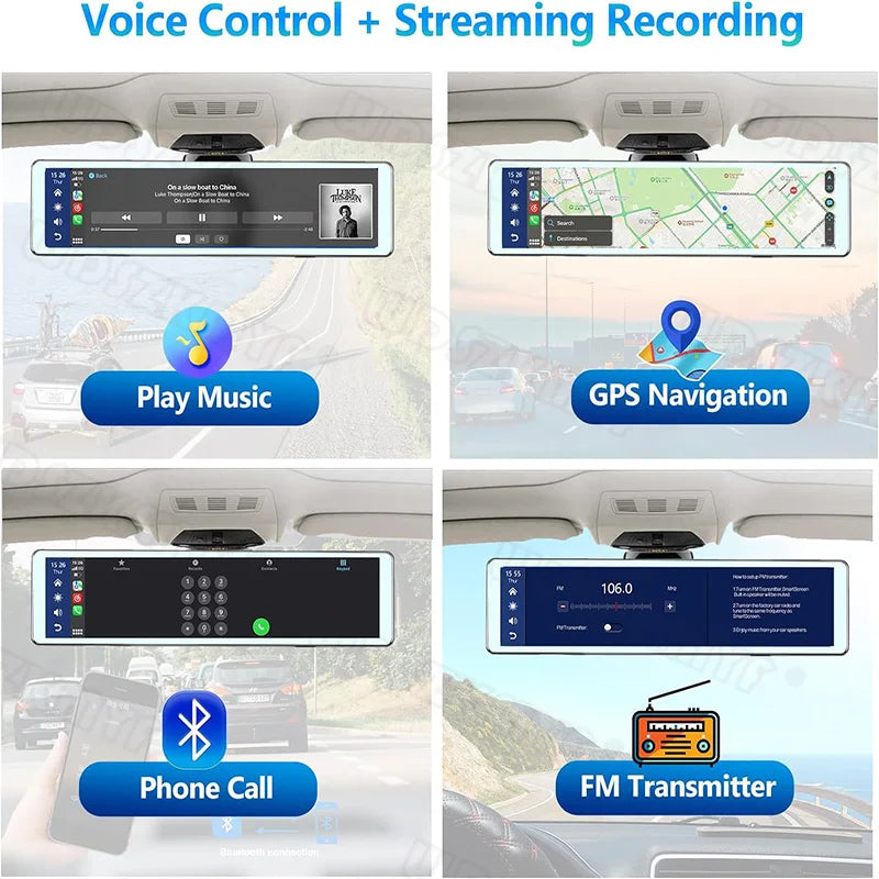4K Rearview Mirror Carplay & Android AutoWifi Video Recorder 10/12Inch Dash Cam for Car DVR GPS Navigation Reversing Camera