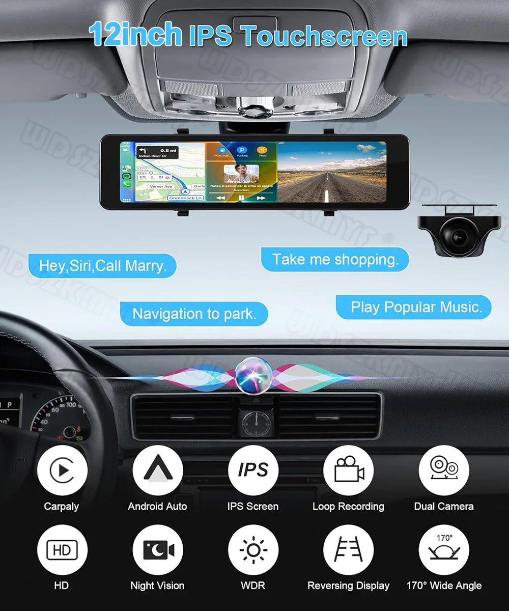 4K Rearview Mirror Carplay & Android AutoWifi Video Recorder 10/12Inch Dash Cam for Car DVR GPS Navigation Reversing Camera
