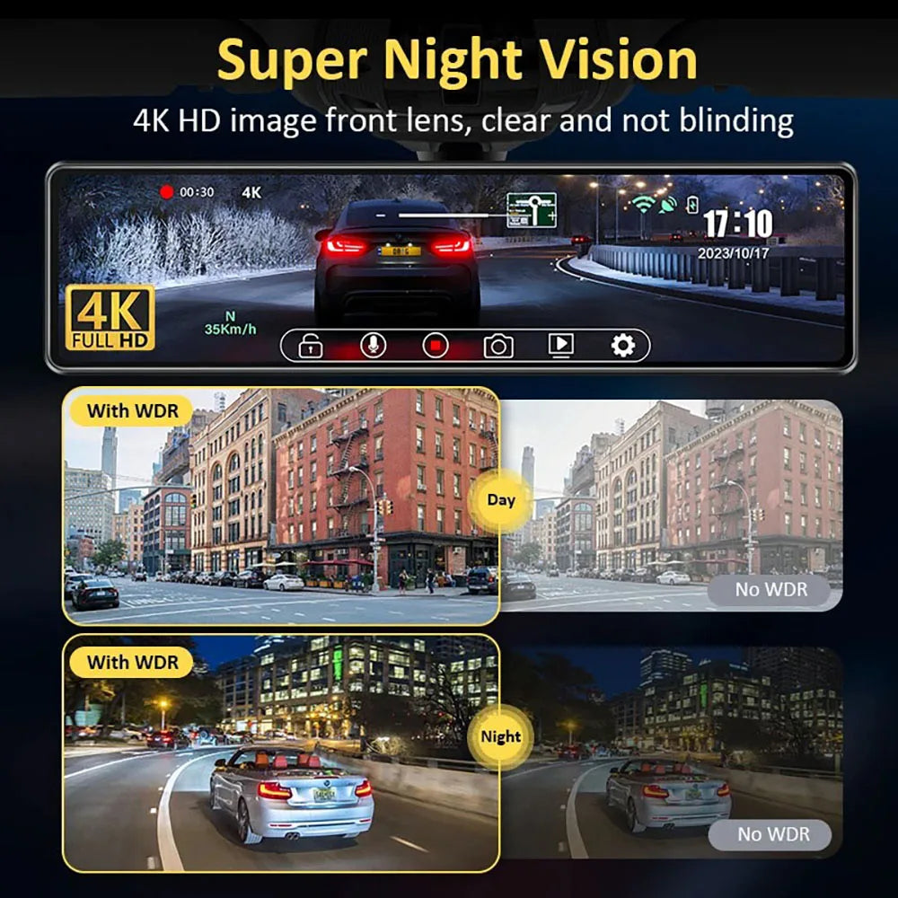 4K Rearview Mirror Carplay & Android AutoWifi Video Recorder 10/12Inch Dash Cam for Car DVR GPS Navigation Reversing Camera
