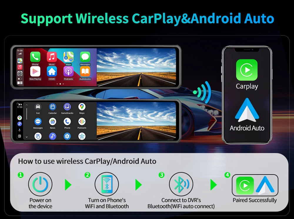 4K Rearview Mirror Carplay & Android AutoWifi Video Recorder 10/12Inch Dash Cam for Car DVR GPS Navigation Reversing Camera