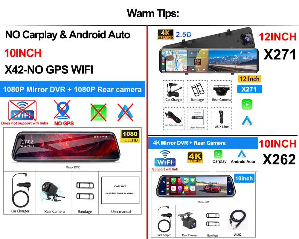 4K Rearview Mirror Carplay & Android AutoWifi Video Recorder 10/12Inch Dash Cam for Car DVR GPS Navigation Reversing Camera