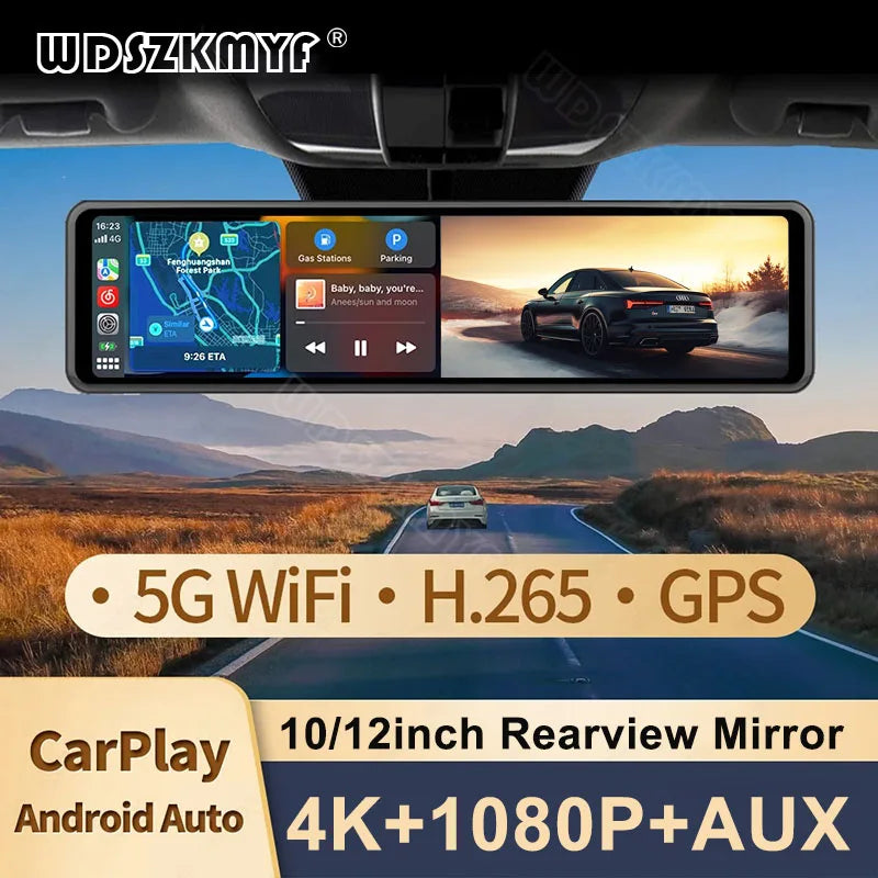 4K Rearview Mirror Carplay & Android AutoWifi Video Recorder 10/12Inch Dash Cam for Car DVR GPS Navigation Reversing Camera