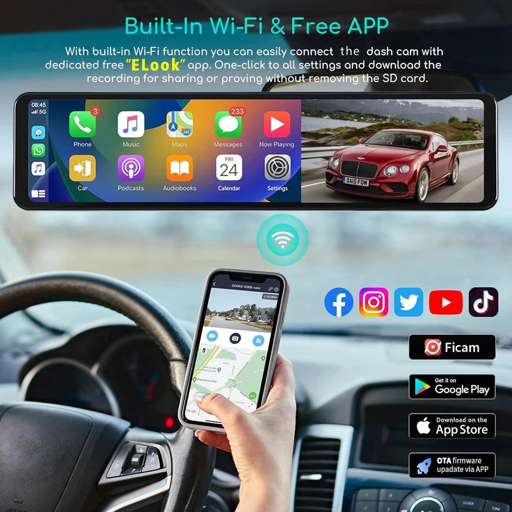 4K Rearview Mirror Carplay & Android AutoWifi Video Recorder 10/12Inch Dash Cam for Car DVR GPS Navigation Reversing Camera