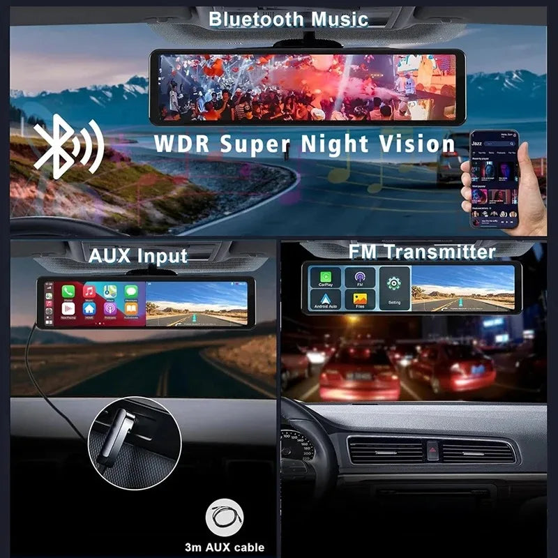 4K Rearview Mirror Carplay & Android AutoWifi Video Recorder 10/12Inch Dash Cam for Car DVR GPS Navigation Reversing Camera