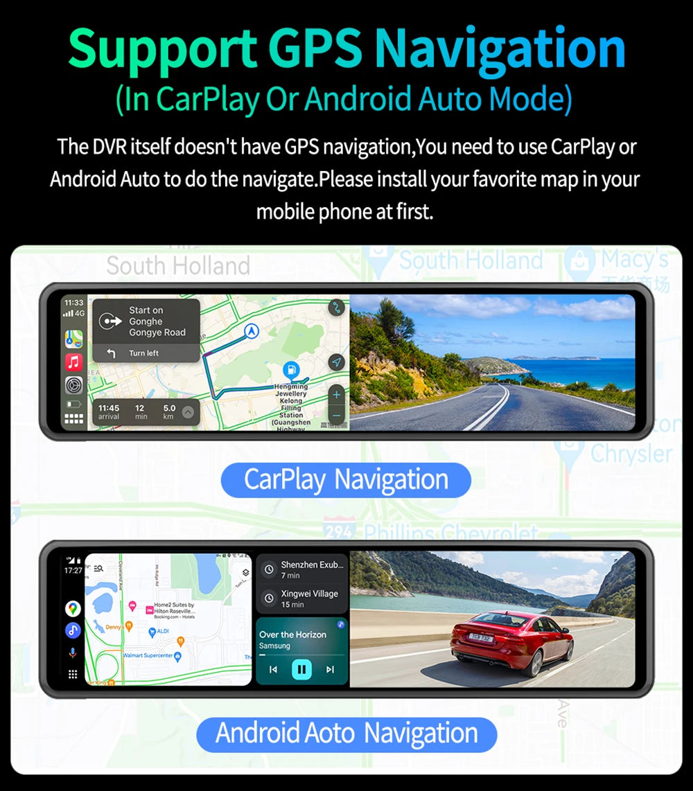 4K Rearview Mirror Carplay & Android AutoWifi Video Recorder 10/12Inch Dash Cam for Car DVR GPS Navigation Reversing Camera