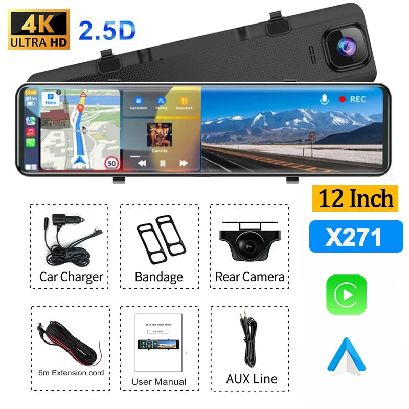 4K Rearview Mirror Carplay & Android AutoWifi Video Recorder 10/12Inch Dash Cam for Car DVR GPS Navigation Reversing Camera