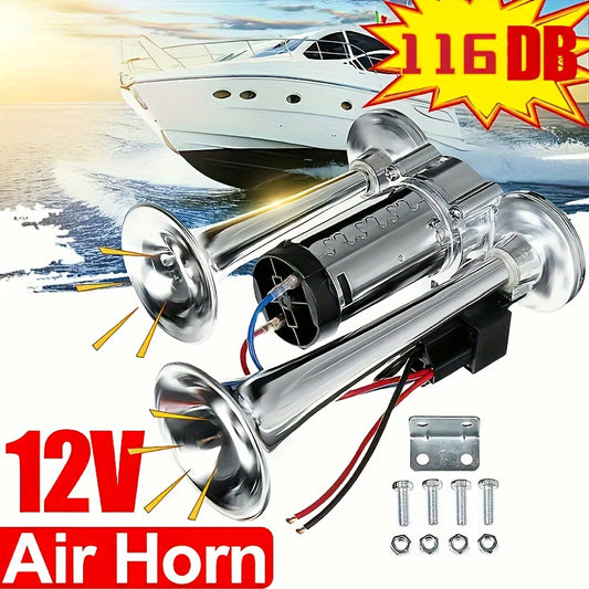12V Dual-Tone Train Air Horn Kit - Super Loud, Universal Electric Horn for Cars, Trucks, Boats, Vans - Ideal for Vehicle Safety & Signal Needs