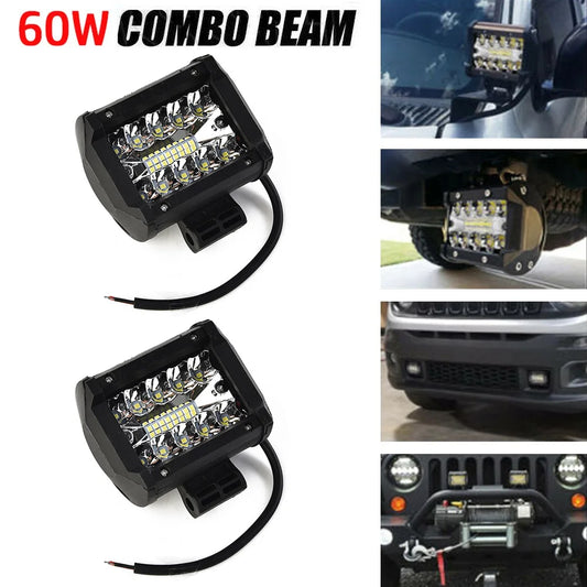 60W Car LED Work Light Ultra Bright 12V Headlight Fog Lamp Combo for SUV ATV Offroad Vehicles Trucks Boats Universal
