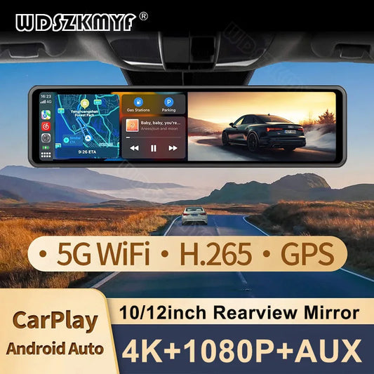 4K Rearview Mirror Carplay & Android AutoWifi Video Recorder 10/12Inch Dash Cam for Car DVR GPS Navigation Reversing Camera